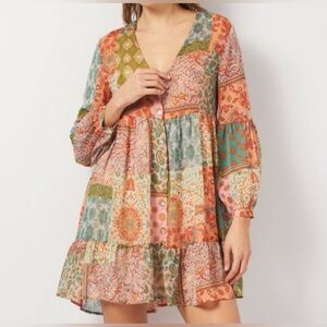 ZARA Patchwork Multi Colored V-Neck Dress Size XS